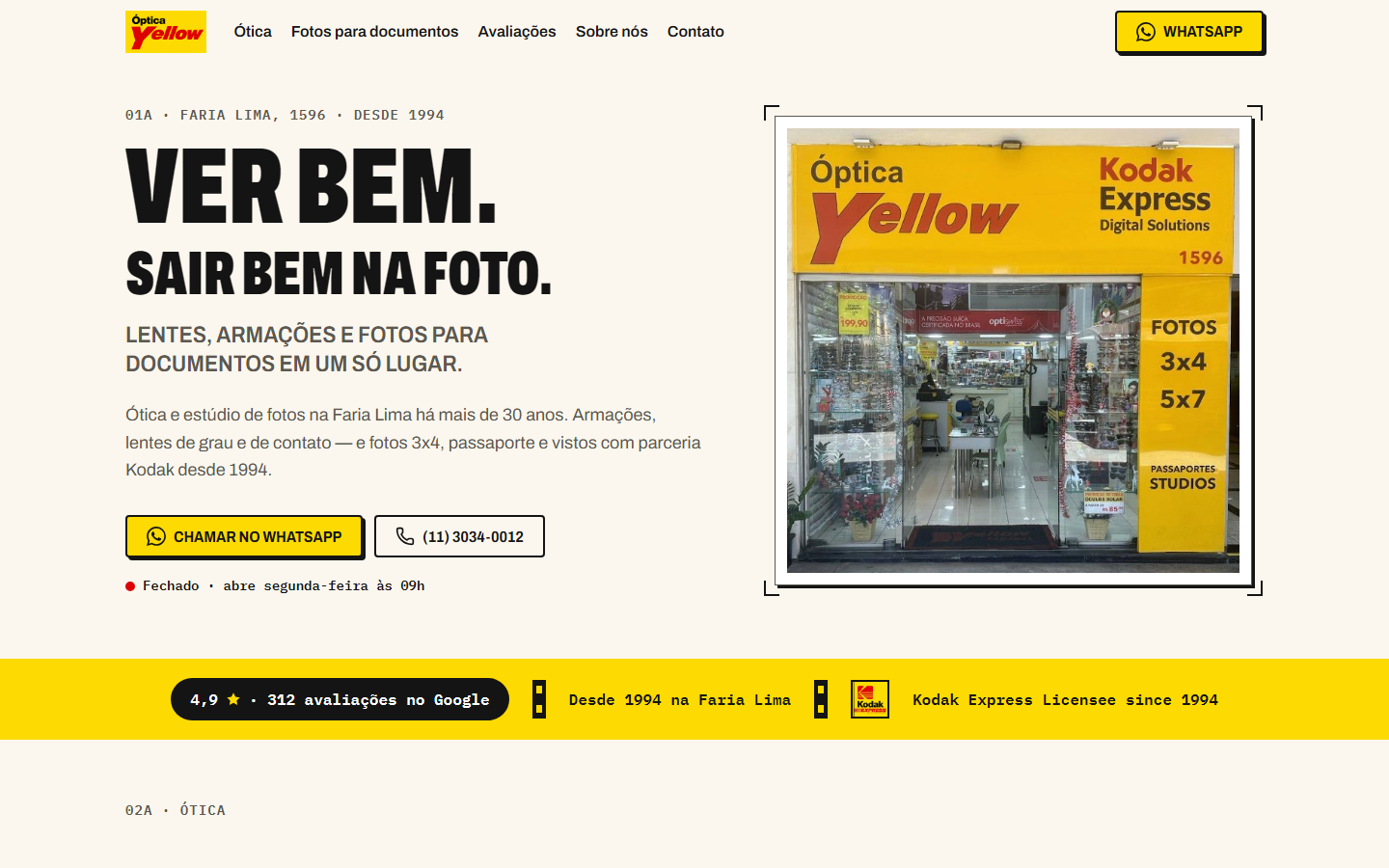 Captura da página inicial do site da Ótica Yellow.