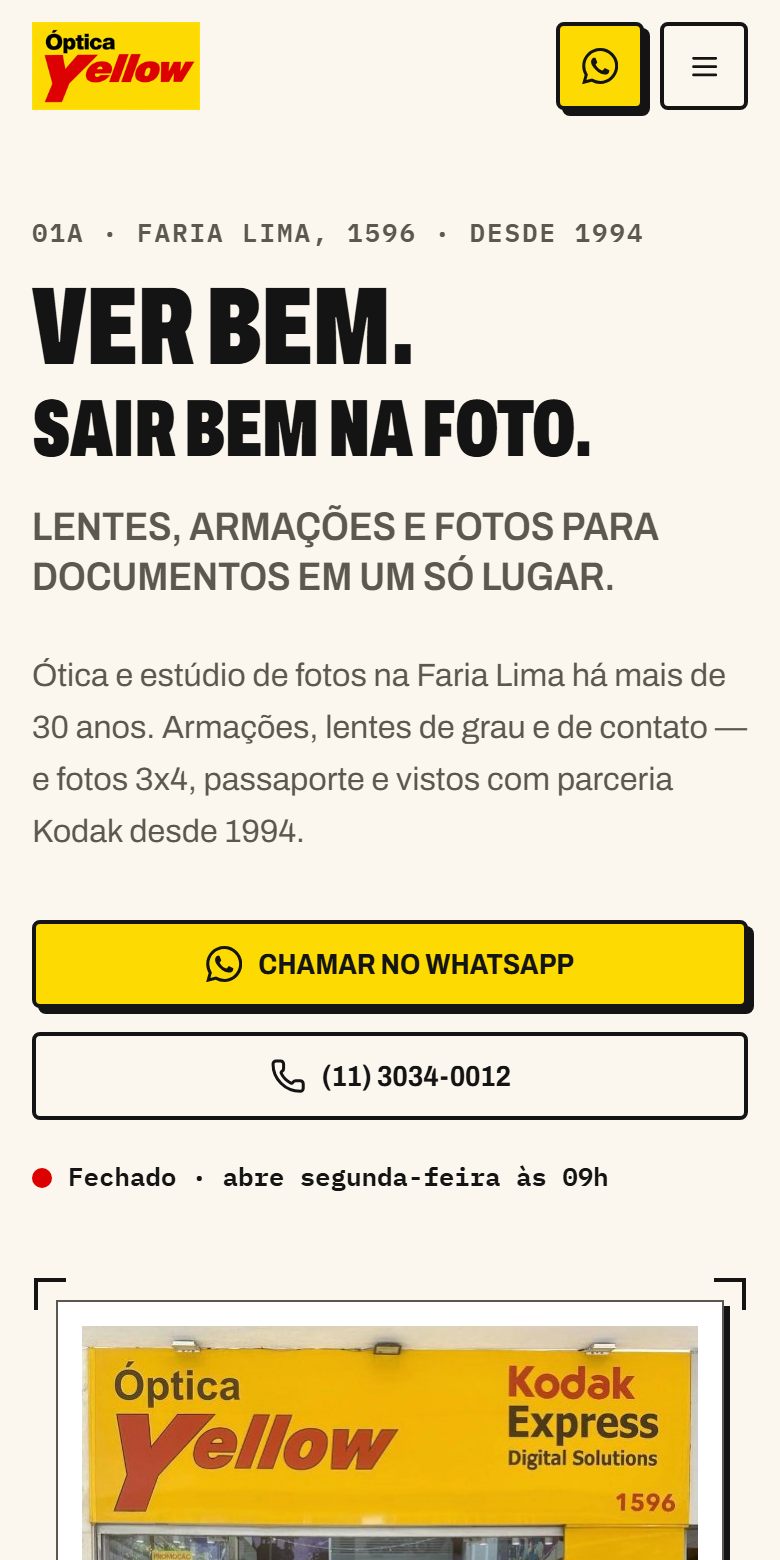 Captura do site da Ótica Yellow no celular.